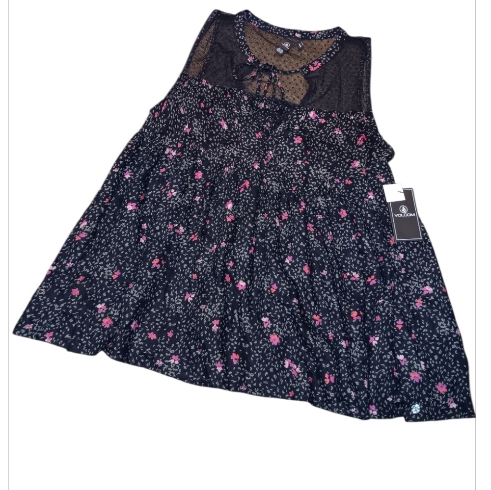 Volcom Black and Pink Floral Sleeveless Blouse Sz S New